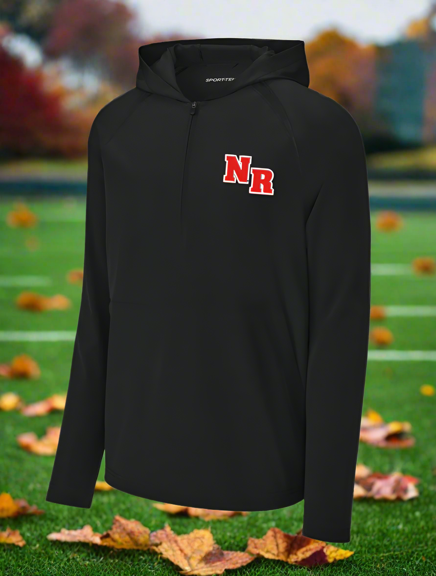 Black hoodie with 'NR' logo on a white background