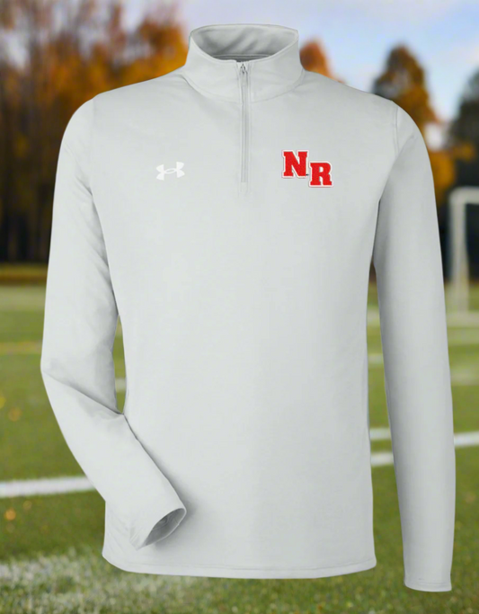 Gray Under Armour quarter-zip pullover with red and white logo on a white background