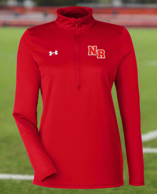 Red pullover with Under Armour logo and 'NR' initials on a white background