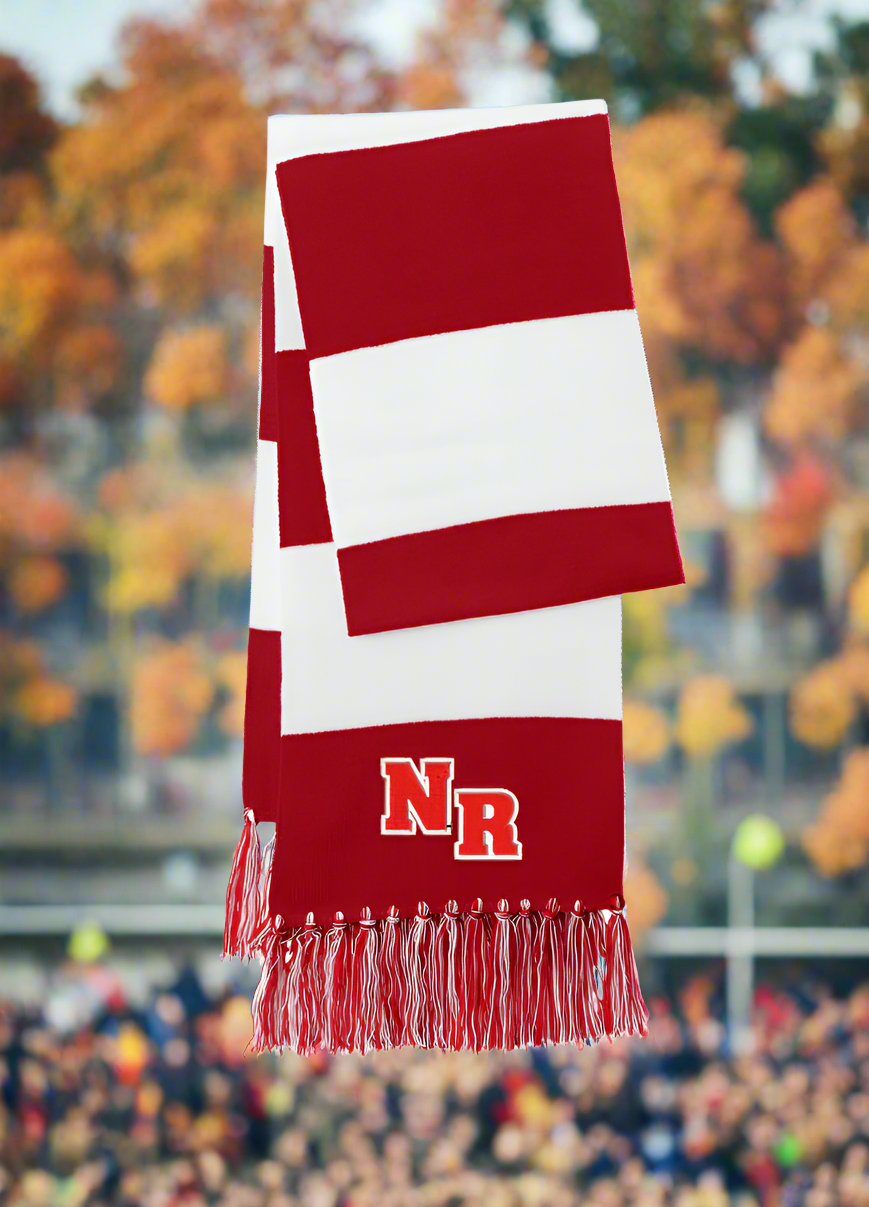 Red and white scarf with 'NR' logo on a white background