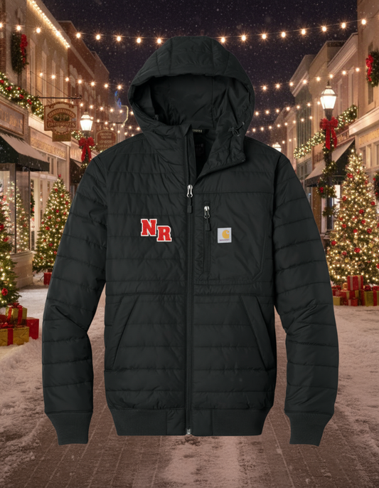 Black puffer jacket with red logo on a white background