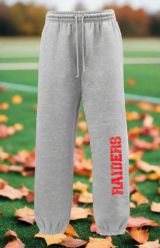 Gray sweatpants with red text on a white background