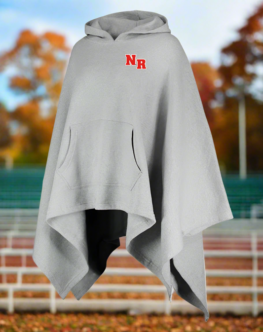 Gray hooded poncho with 'NR' logo on a white background