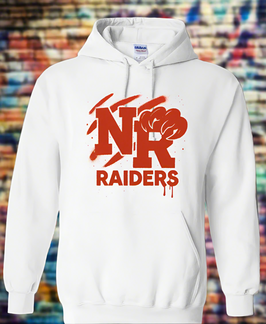 White hoodie with red 'NR Raiders' logo on a white background