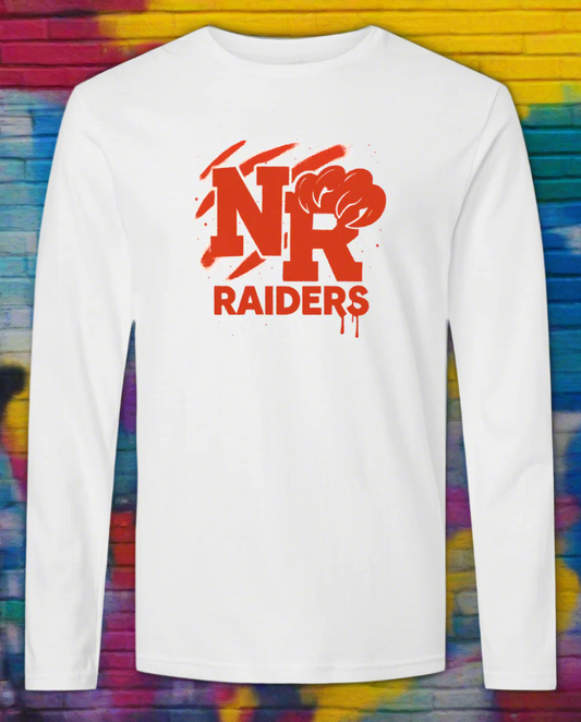 White long-sleeve shirt with red 'NR Raiders' logo on a white background