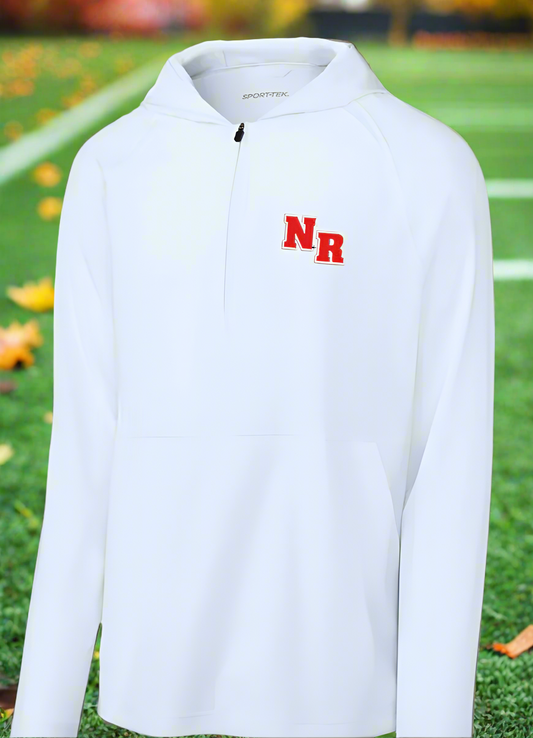 White hoodie with red logo on a white background