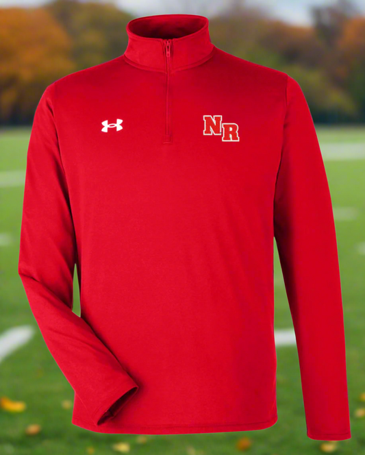 Red pullover with Under Armour logo and 'NR' initials on a white background