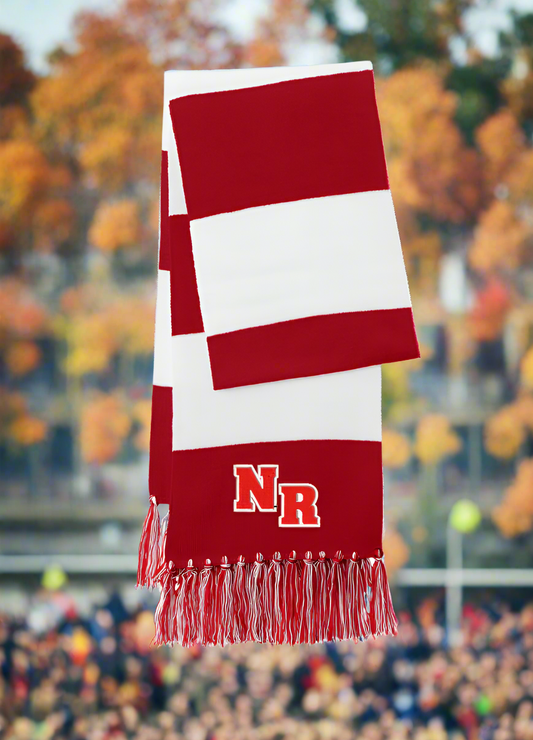 Red and white scarf with 'NR' logo on a white background