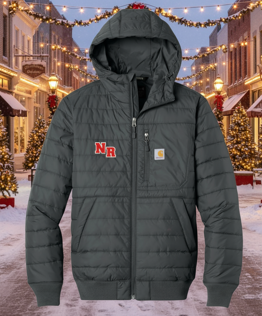 Gray puffer jacket with logos on a white background