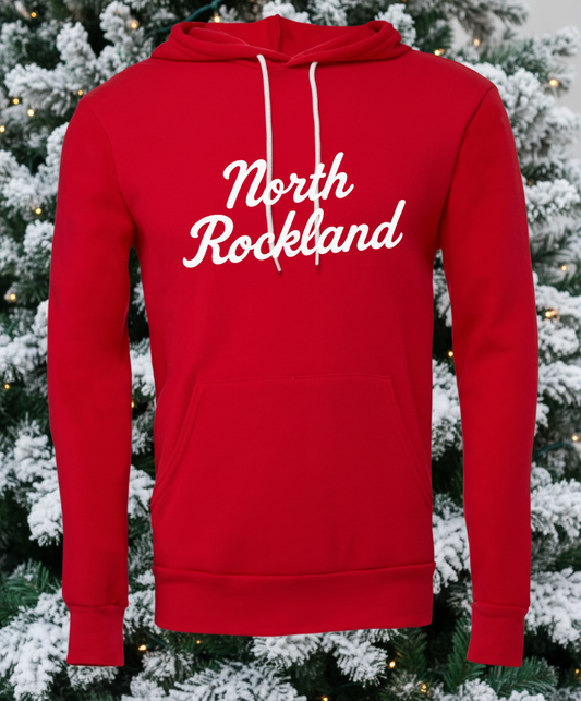 Red hoodie with 'North Rockland' text on a white background