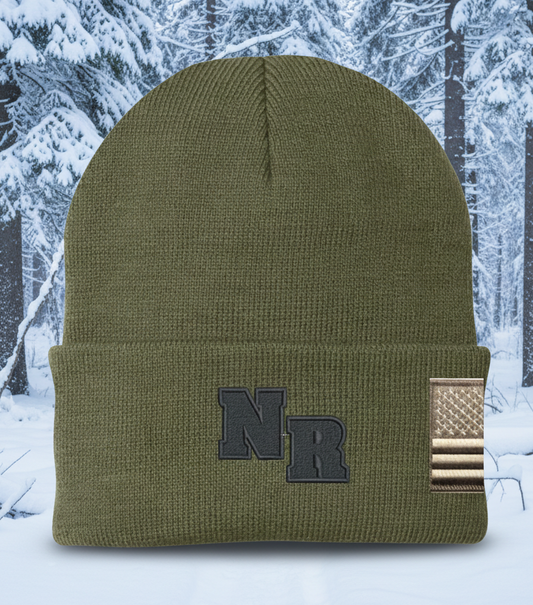 Green beanie with 'NR' logo and American flag patch on a white background