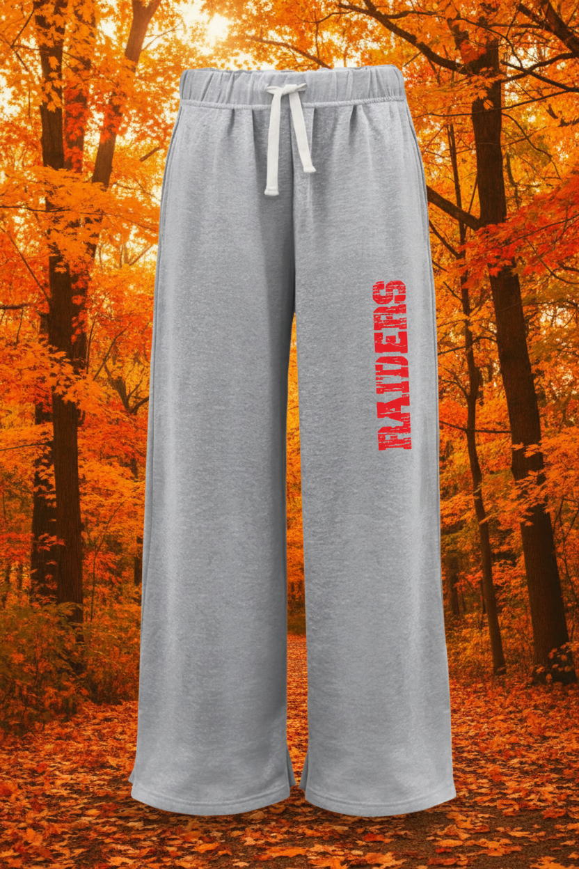 Gray wide-leg sweatpants with a white drawstring and red vertical 'RAIDERS' text on the left leg, shown against a plain white background.