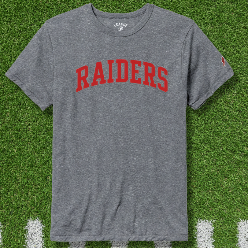 A heather gray short-sleeve t-shirt with 'RAIDERS' printed in red arched block letters across the chest, shown on a plain white background.