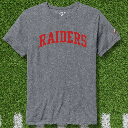 A heather gray short-sleeve t-shirt with 'RAIDERS' printed in red arched block letters across the chest, shown on a plain white background.
