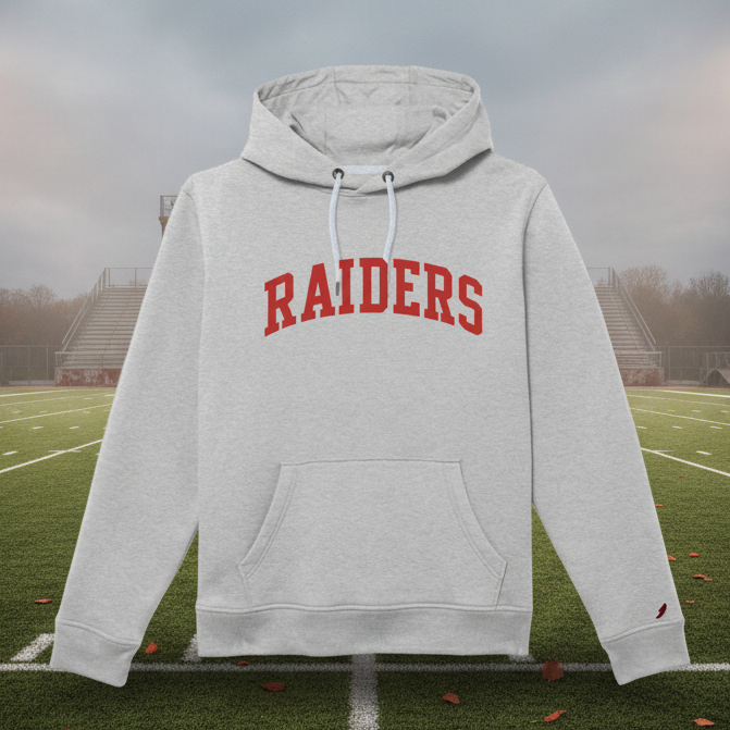 A light heather gray pullover hoodie with 'RAIDERS' printed in red arched block letters across the chest, featuring a front kangaroo pocket and white drawstrings, shown on a plain white background.