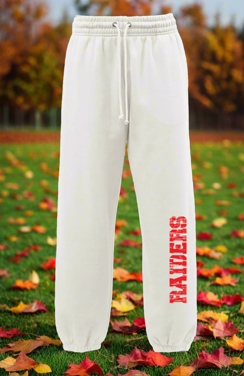White sweatpants with red text on a white background