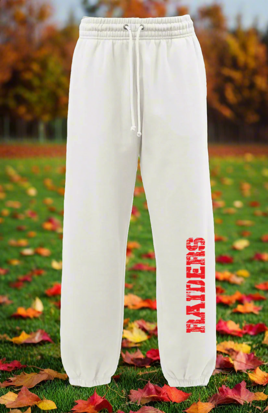 White sweatpants with red text on a white background