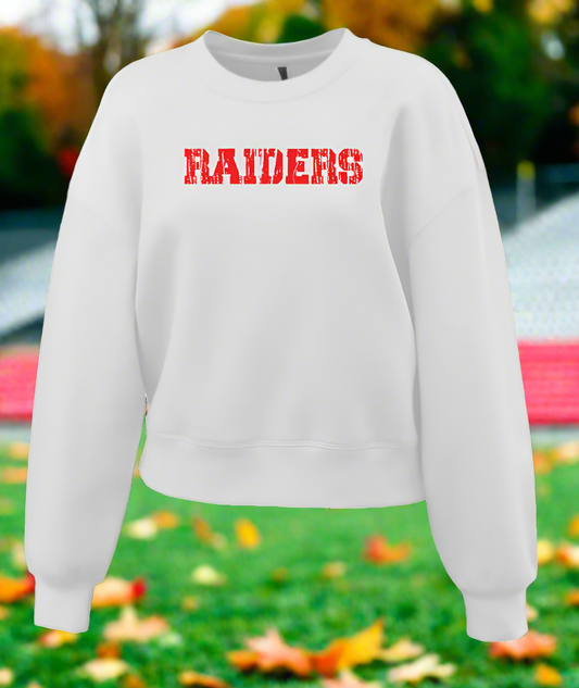 White sweatshirt with 'RAIDERS' printed in red on a white background